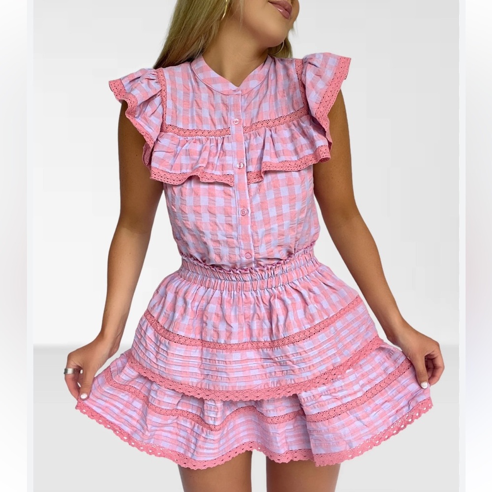 Day + Moon pink & purple gingham ruffled lace blouse top Size M